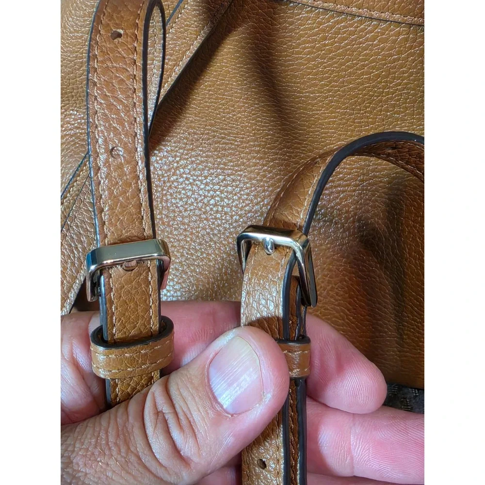 Kate Spade New York Pebbled Leather Backpack Ginger Tea Brown Drawstring Flap